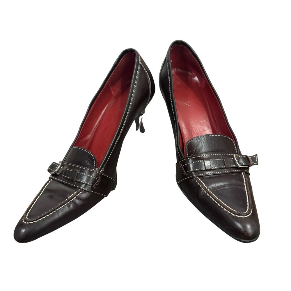 Coach Brown Leather Kitten Heels Buckle Pumps Pointed Toe Italy 8B